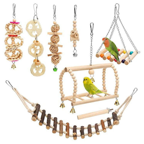 8PCS Bird Toys Set | Parrot Training Toys - Wood Bite Articles | Swing/Ball/Bell/Perch Combination Toy - Pet Birds
