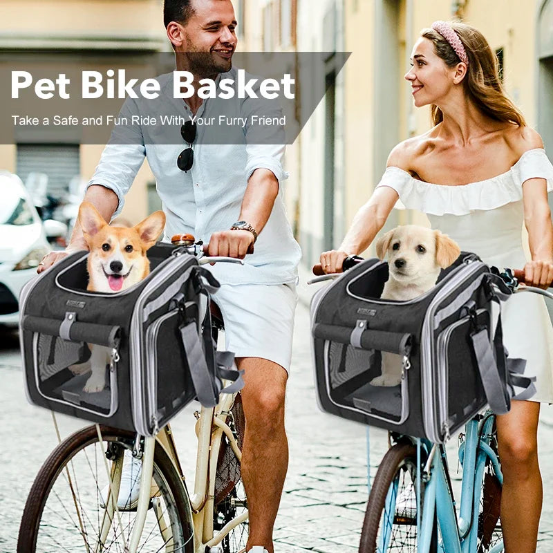 Multifunctional Soft-Sided Dog Bike Basket – Expandable Pet Carrier Backpack with 4 Open Doors