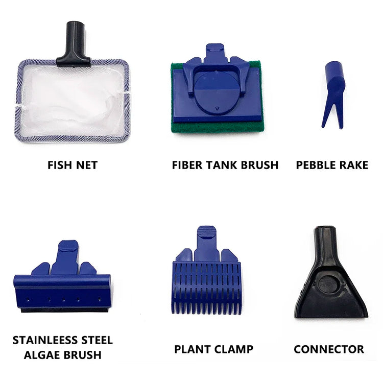 5-in-1 Aquarium Cleaning Tool Set – Fish Net, Gravel Rake, Algae Scraper, Sponge Brush & Plant Fork
