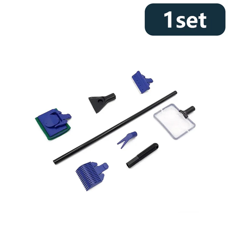 5-in-1 Aquarium Cleaning Tool Set – Fish Net, Gravel Rake, Algae Scraper, Sponge Brush & Plant Fork