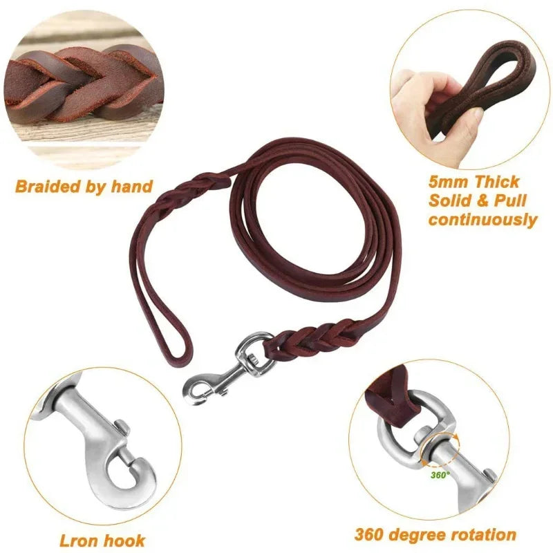 Braided Leather Dog Collar and Leash Set – Durable Genuine Cowhide for Medium & Large Dogs