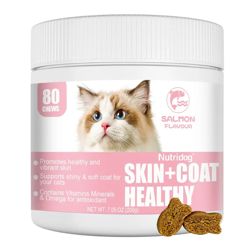 Skin & Coat Cat Chews | Omega 3, Vitamin E, Biotin Supplements | Healthy Skin & Glossy Coat | Anti-Shedding Support | Salmon Flavor