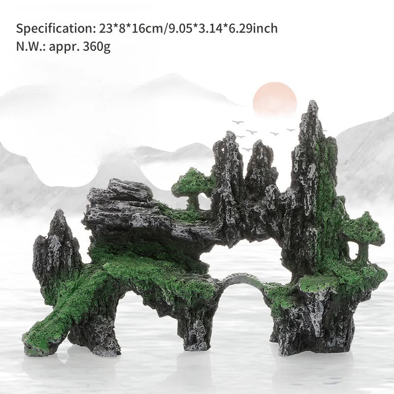 Aquarium Decorative Rockery with Arched Bridge – Resin Landscaping Ornament for Fish Tank or Home Decor