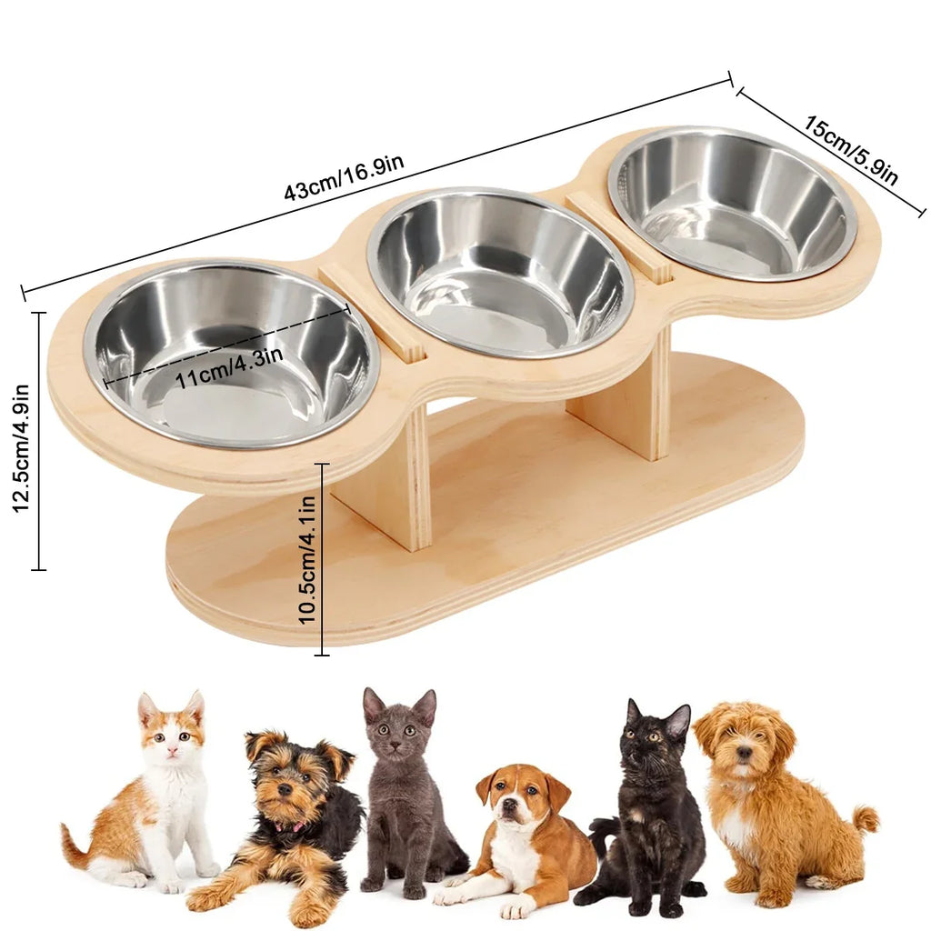 Elevated Cat Dog Bowls | 15° Tilted Raised Pet Bowls | Double Wooden Stand | Stainless Steel Food & Water Bowls | For Cats & Small Dogs | Pet Supplies