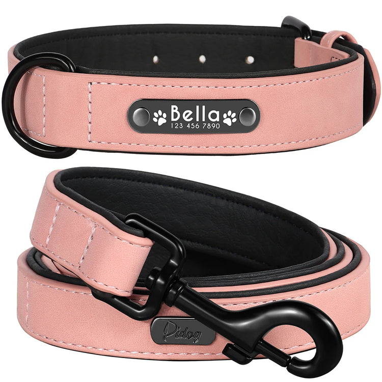 Custom Leather Dog Collar and Leash Set – Personalized, Durable, and Padded for Small to Large Dogs