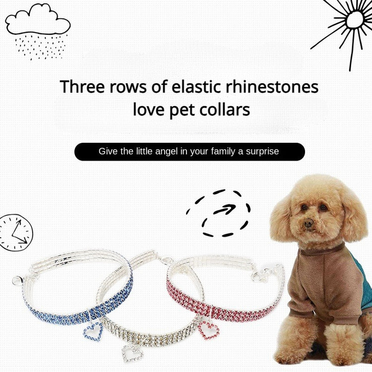 New Cat Dog Collar | Three Row Elastic Rhinestone Pet Collars | Love Decoration Necklace | Puppy Kitten Ornament | Pets Supplies