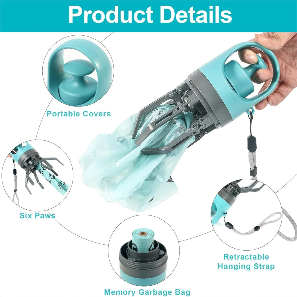 Dog Poop Scooper Set with Claw Picker, Leash Clip, LED Light, and Bag Dispenser