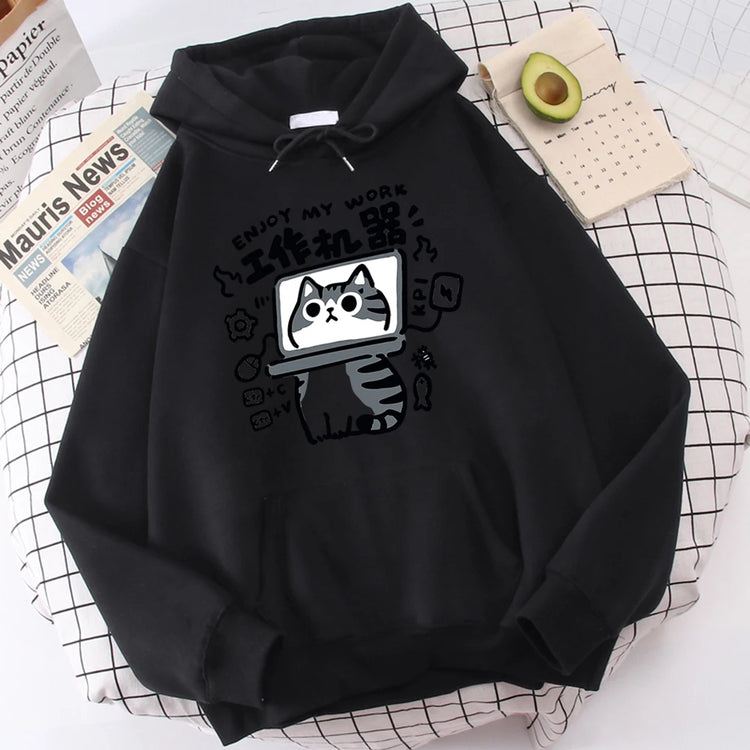 Cartoon Cat Is an Abstract Work Machine | Men's Sweatshirt | Comfort Sweatshirts | Leisure Outdoor Pullover | Youth Popular Clothes