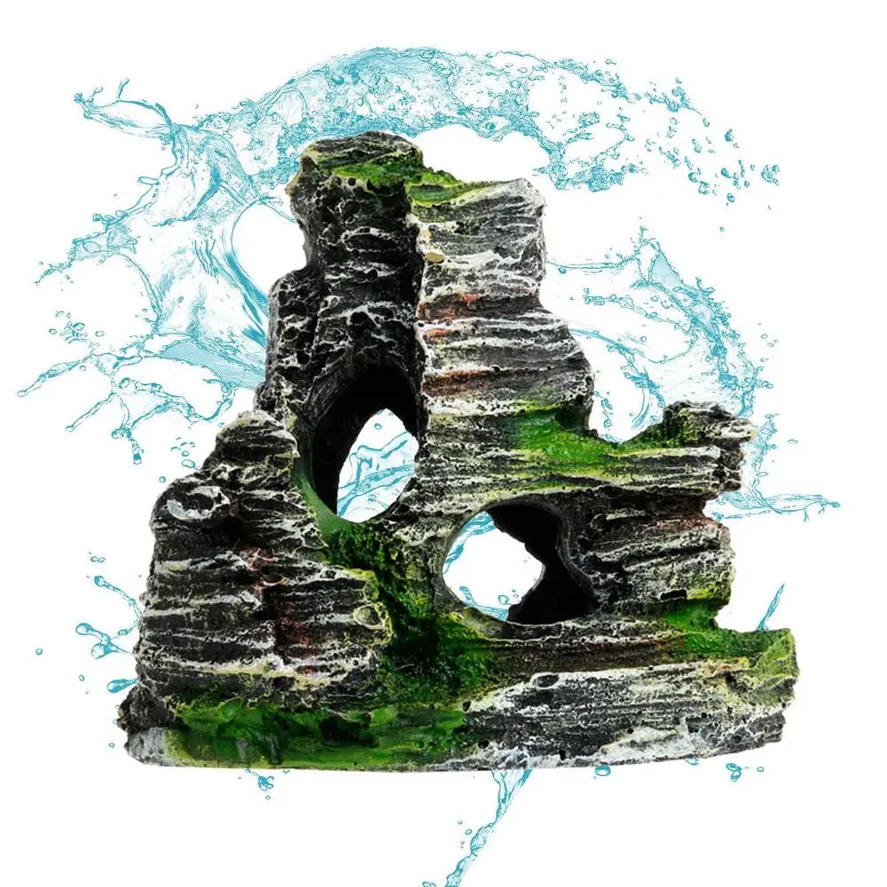 Aquarium Sandstone Decoration – Mountain View Resin Rocks with Caves, Fish & Shrimp Shelter, 11cm
