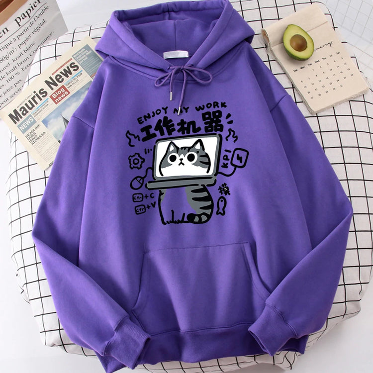 Cartoon Cat Is an Abstract Work Machine | Men's Sweatshirt | Comfort Sweatshirts | Leisure Outdoor Pullover | Youth Popular Clothes