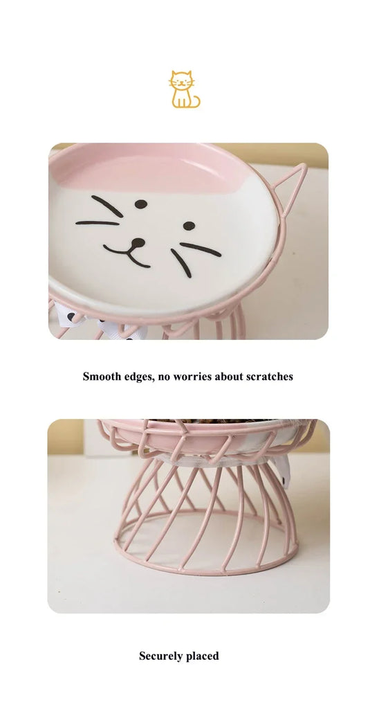 Ceramic Cat Food Bowl | High Foot Raised Pet Bowl | Cat Dog Feeding Dish | Cervical Spine Care | Outdoor Ceramic Bowl with Iron Stand | Anti-Tip Pet Feeder