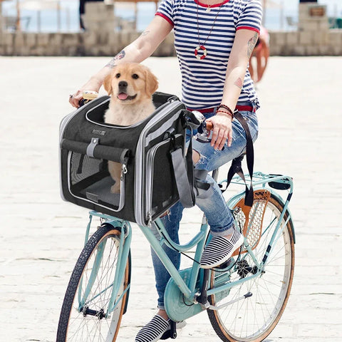 Multifunctional Soft-Sided Dog Bike Basket – Expandable Pet Carrier Backpack with 4 Open Doors