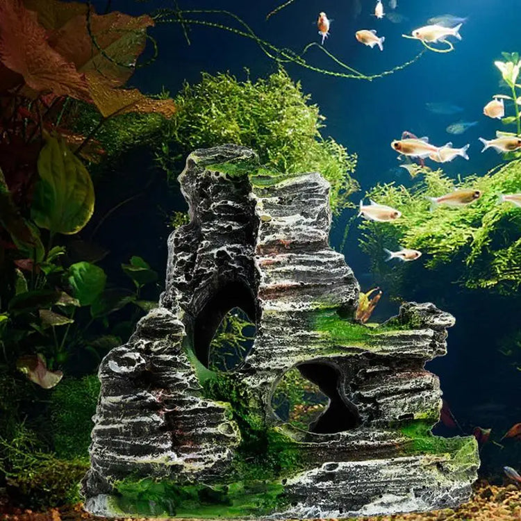 Aquarium Sandstone Decoration – Mountain View Resin Rocks with Caves, Fish & Shrimp Shelter, 11cm