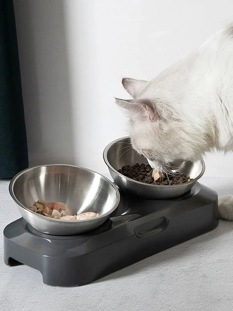Cat Bowl | Lovely Creative Inclined Feeder | Kitten Puppy Food Bowl | Stainless Steel Pet Dish | 15° Tilt Neck Protector | Anti-Slip Dog Cat Feeder