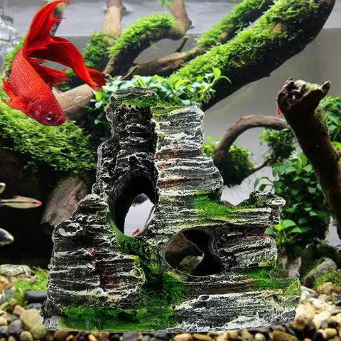 Aquarium Sandstone Decoration – Mountain View Resin Rocks with Caves, Fish & Shrimp Shelter, 11cm