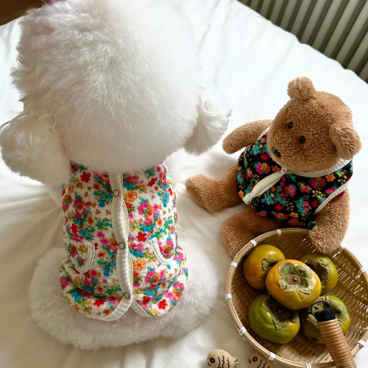 Cotton Pet Dog Clothes | Classic Shabby Flower Coat for Bichon | Teddy Warm Vest Puppy Clothing for Small Dogs