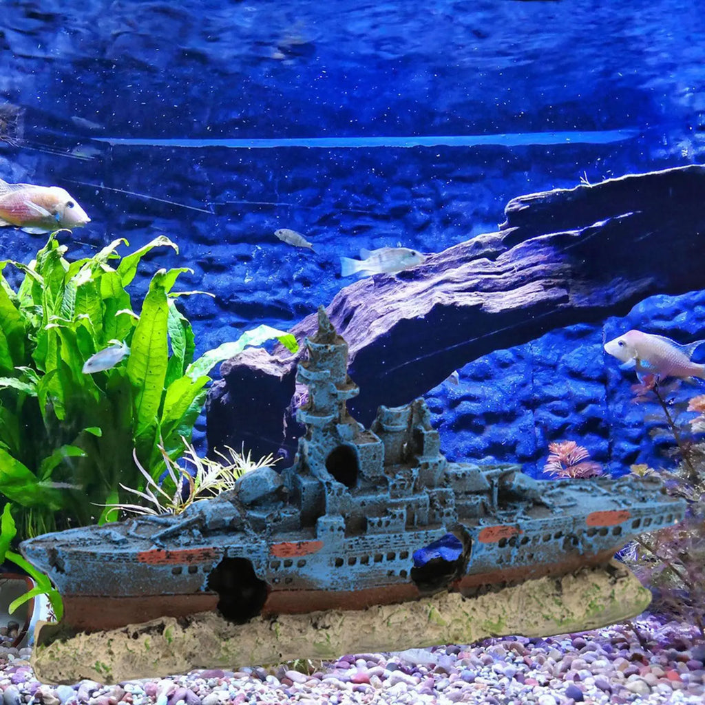 Aquarium Shipwreck Decoration – Resin Fish Tank Ornament with Hiding Cave
