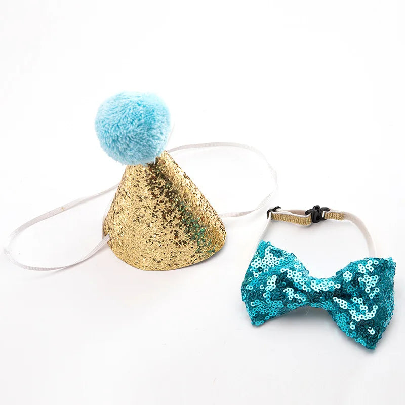 Cat Dog Bow Tie/Hat Decoration | 2Pcs Set | Baby Birthday Party Prop - Glitter Pom Pom Headwear + Bowknot Collar | Pet Supplies