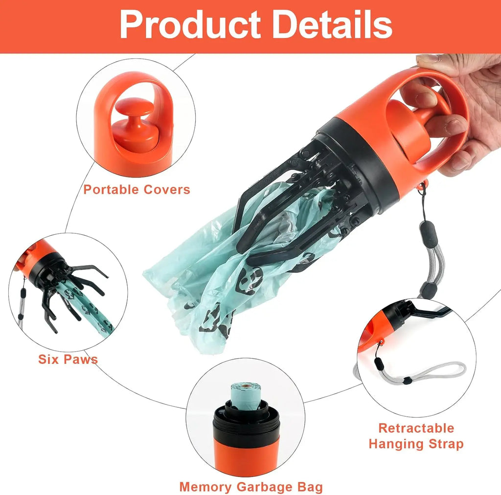 Dog Poop Scooper Set with Claw Picker, Leash Clip, LED Light, and Bag Dispenser