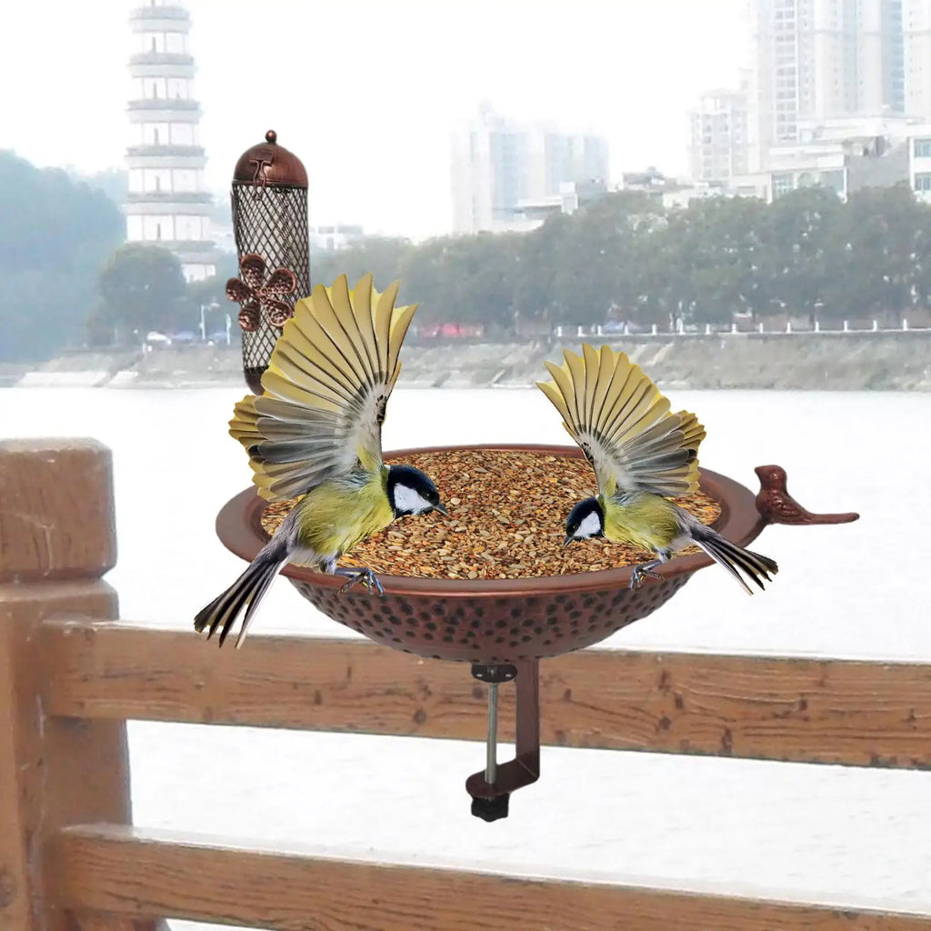 Outdoor Rail Bird Feeder SPA | Iron Bird Bath Bowl for Balcony, Deck, or Garden Railing | Sturdy Dual-Purpose Bird Feeder & Water Bowl