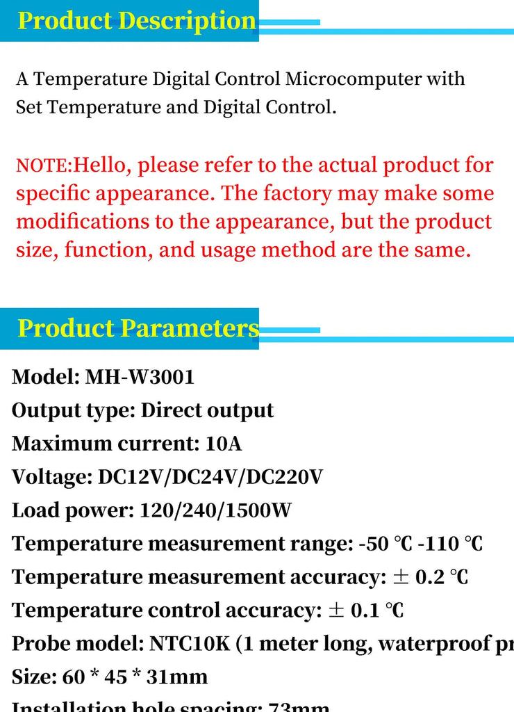 Digital Temperature Controller W3001 – 12V/24V/110V/220V Thermostat with LED Display for Aquarium, Incubator, Heater
