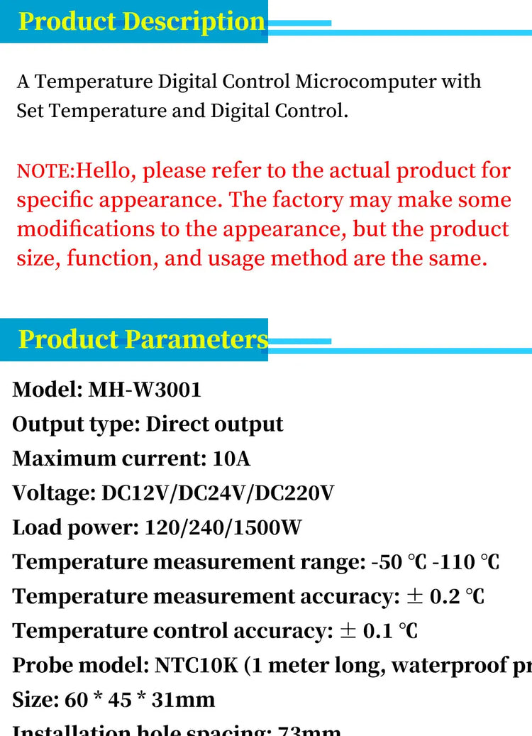 Digital Temperature Controller W3001 – 12V/24V/110V/220V Thermostat with LED Display for Aquarium, Incubator, Heater