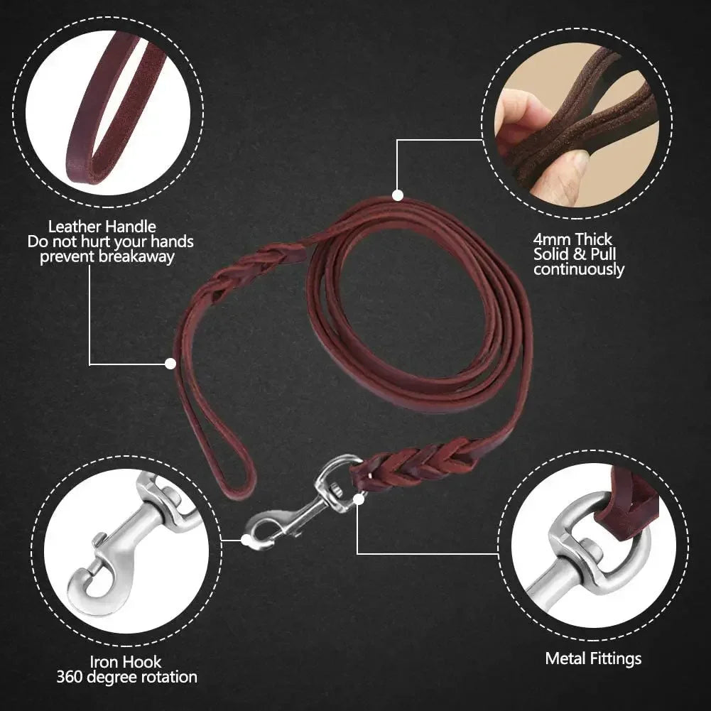 Braided Leather Dog Collar and Leash Set – Durable Genuine Cowhide for Medium & Large Dogs