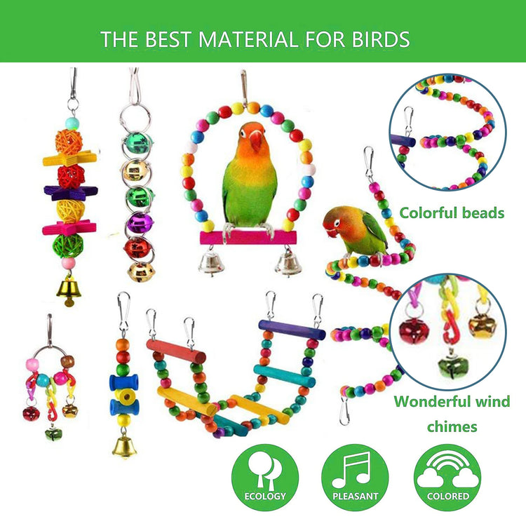 7PCS/16PCS Bird Toy Set | Parrot Cage Accessories - Safe Durable Hanging Toys / Bell & Chew Toys for Cockatiels, Parakeets, Lovebirds