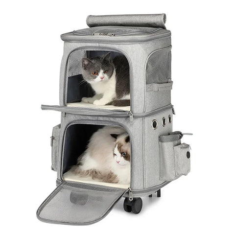 Double-Layer Pet Carrier Backpack with Spinner Wheels – Large Capacity Foldable Cat & Small Dog Trolley Bag for Outdoor Travel