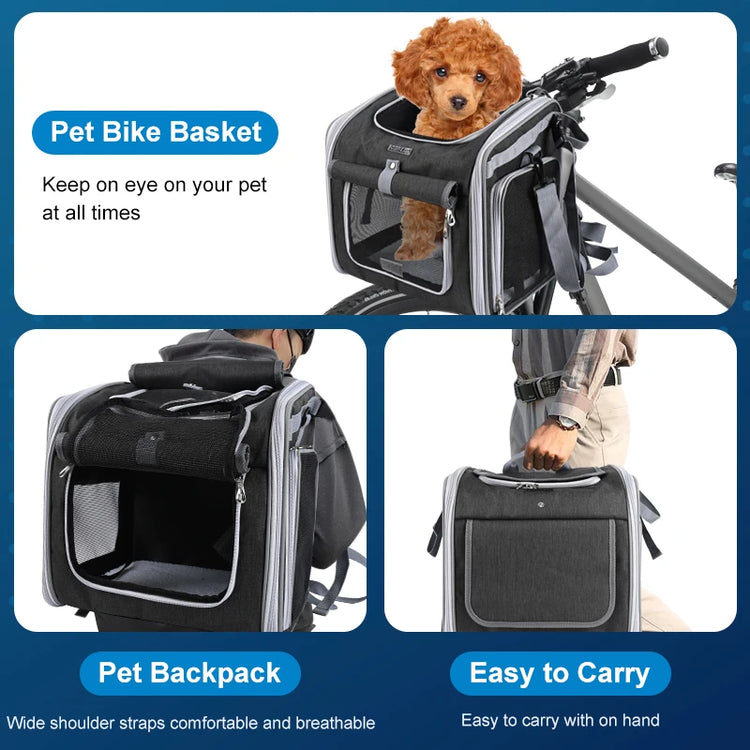 Multifunctional Soft-Sided Dog Bike Basket – Expandable Pet Carrier Backpack with 4 Open Doors