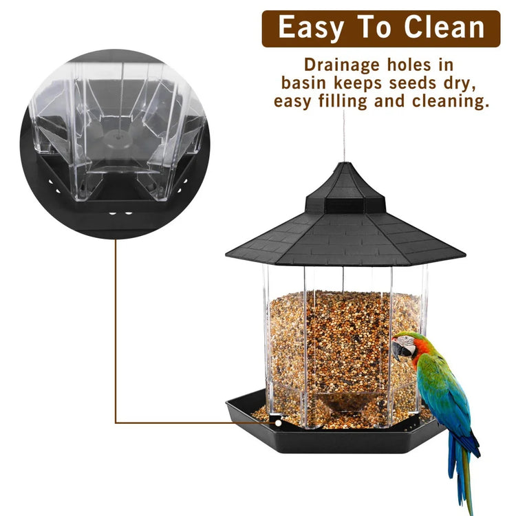 Wild Bird Feeder | Hanging Hexagonal Roof Pavilion | Semi-Automatic Garden Decoration | 1PCS