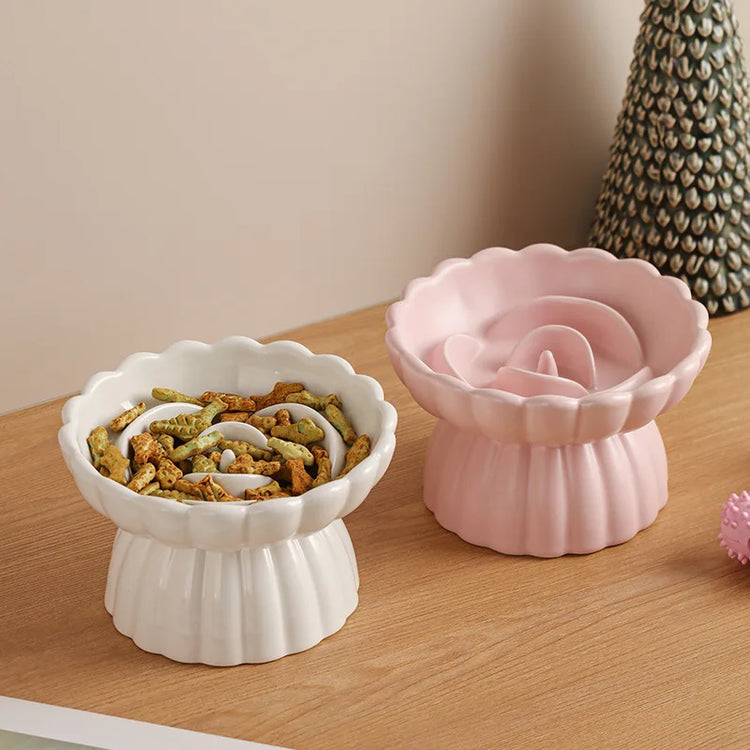 Cat Food Bowl | Ceramic Elevated | Cats/Small Dogs | Slow Feed Bowls | Anti-Choking Eating Feeders | Anti-Gulping Puppy Supplies