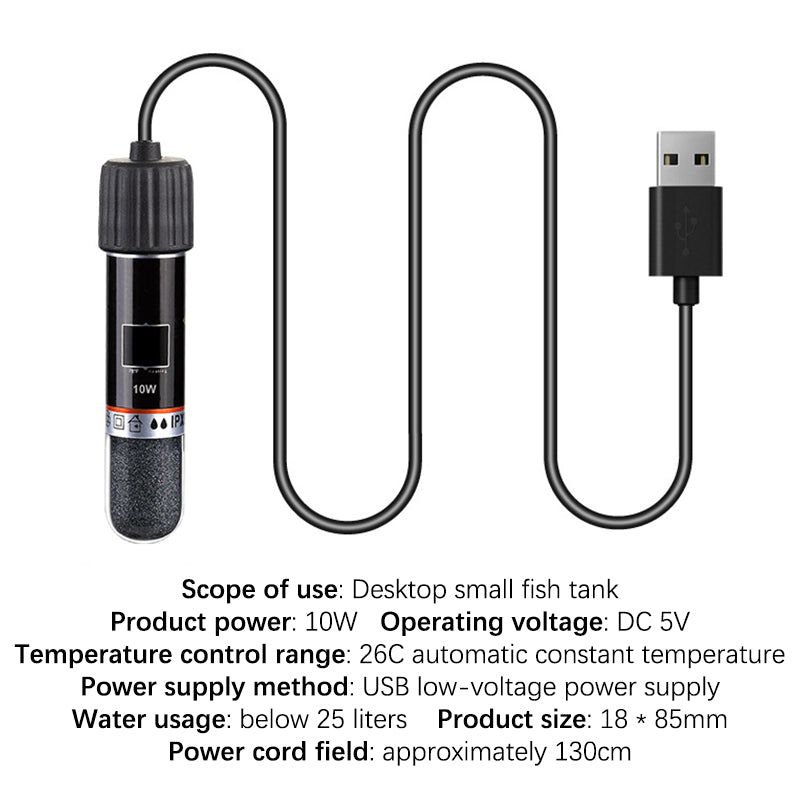 USB Mini Aquarium Heater – 10W Submersible Rod, 26°C Constant Temperature