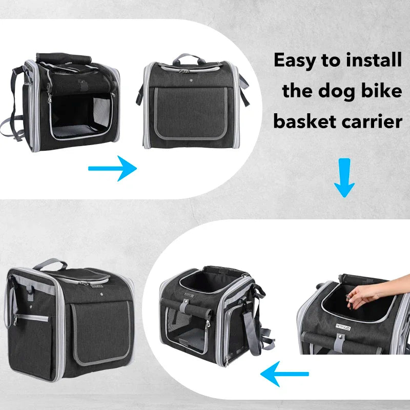 Multifunctional Soft-Sided Dog Bike Basket – Expandable Pet Carrier Backpack with 4 Open Doors