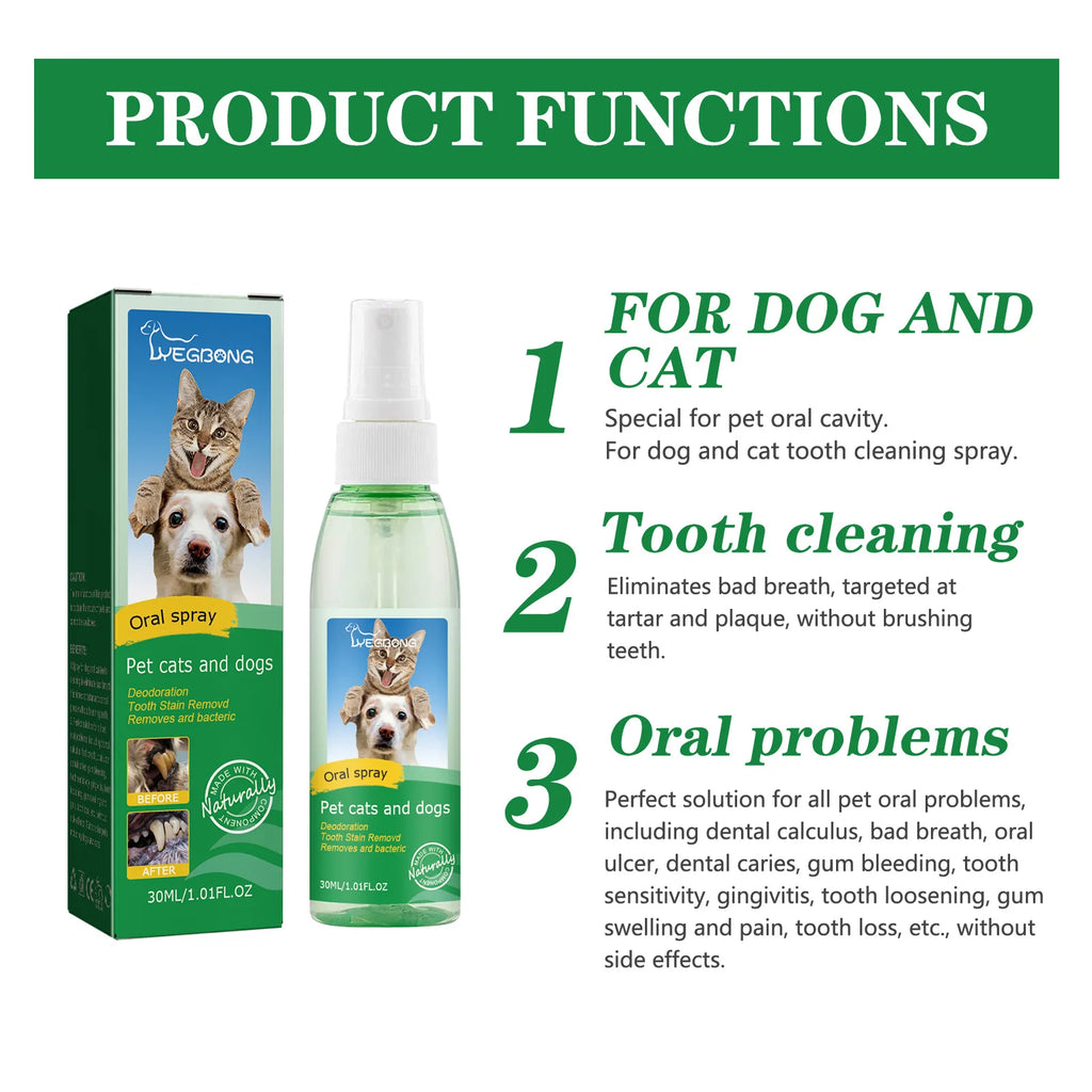 Pet Teeth Cleaning Spray 30ml – Dog & Cat Oral Care, Breath Freshener, Tartar & Stain Remover