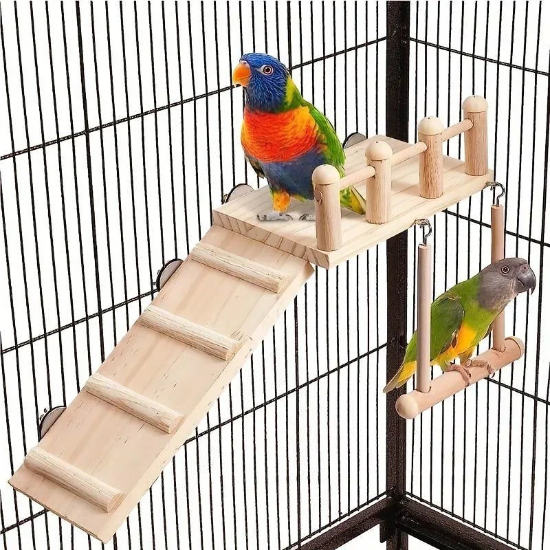 Bird Perches Platform Swing Climbing Ladder Toy | Parrot Cage Accessories | Wooden Playing Gyms for Birds | Exercise Stands Set