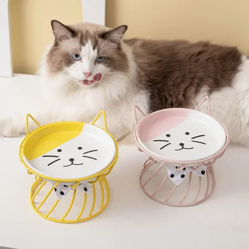 Ceramic Cat Food Bowl | High Foot Raised Pet Bowl | Cat Dog Feeding Dish | Cervical Spine Care | Outdoor Ceramic Bowl with Iron Stand | Anti-Tip Pet Feeder