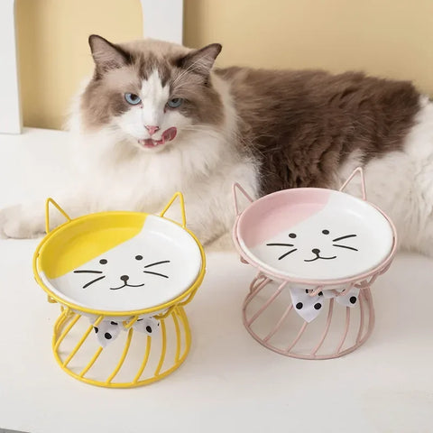 Ceramic Cat Food Bowl | High Foot Raised Pet Bowl | Cat Dog Feeding Dish | Cervical Spine Care | Outdoor Ceramic Bowl with Iron Stand | Anti-Tip Pet Feeder