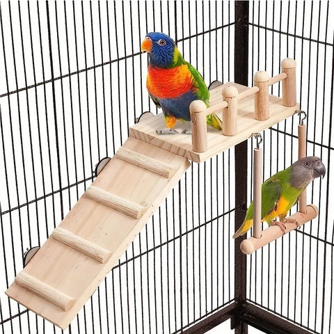 Bird Perches & Platform Swing Set for Parrots | Climbing Ladder, Cage Accessories, Wooden Play Gym, Exercise Stands