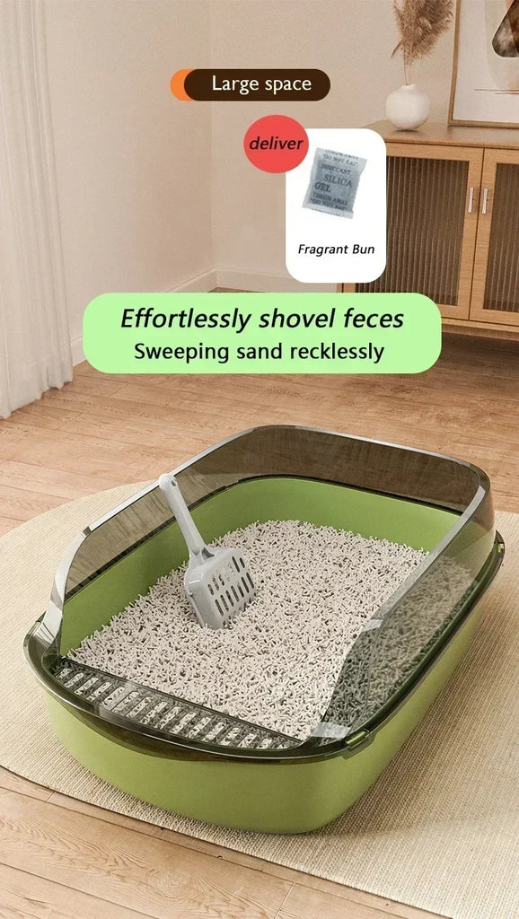 Cat Litter Box | High Side Thicken Semi Enclosed | Splashproof Large Capacity Tray | Removable Scoop | Easy Clean Cat Toilet