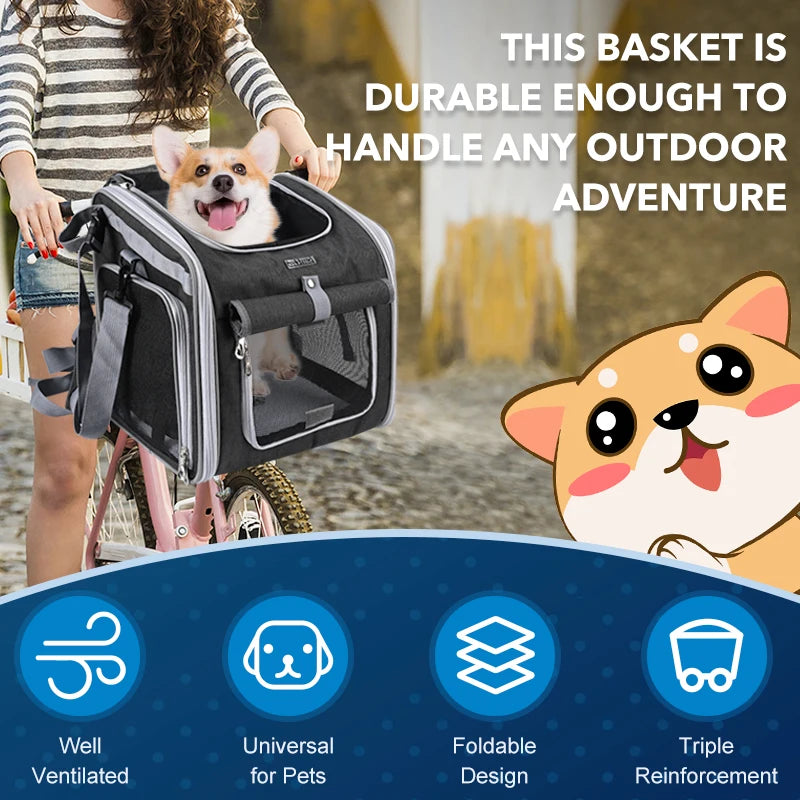 Multifunctional Soft-Sided Dog Bike Basket – Expandable Pet Carrier Backpack with 4 Open Doors
