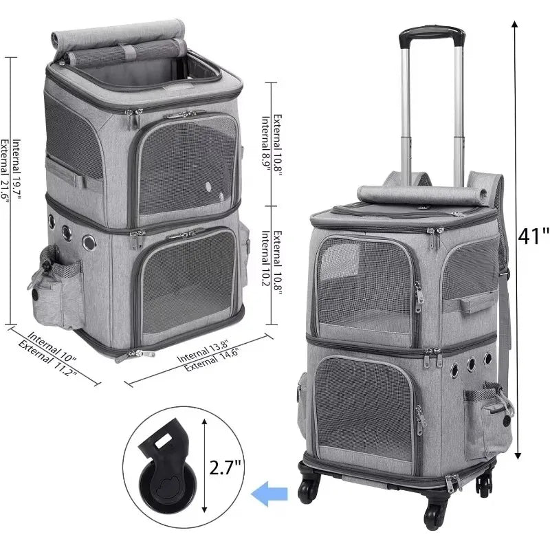 Double-Layer Pet Carrier Backpack with Spinner Wheels – Large Capacity Foldable Cat & Small Dog Trolley Bag for Outdoor Travel