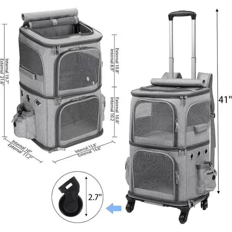 Double-Layer Pet Carrier Backpack with Spinner Wheels – Large Capacity Foldable Cat & Small Dog Trolley Bag for Outdoor Travel