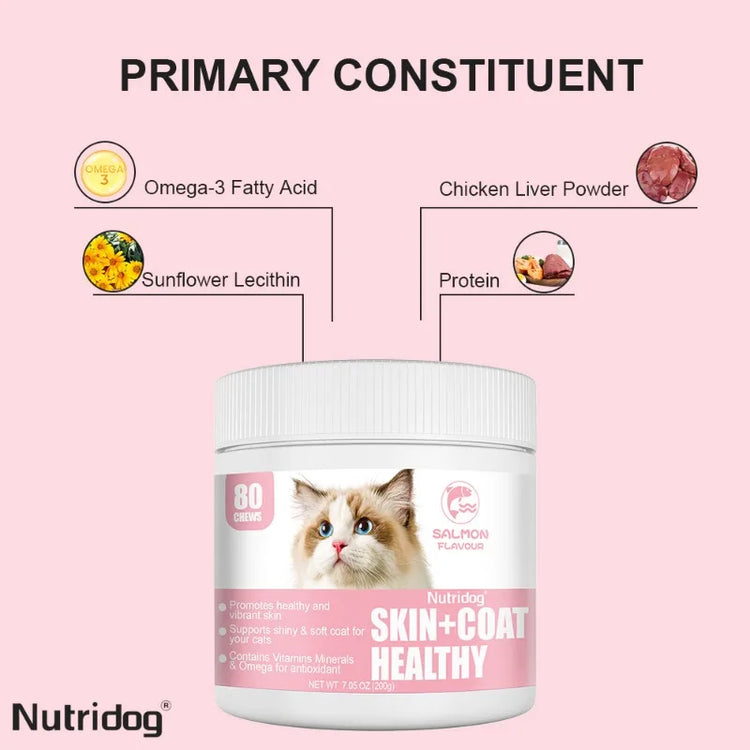 Skin & Coat Cat Chews | Omega 3, Vitamin E, Biotin Supplements | Healthy Skin & Glossy Coat | Anti-Shedding Support | Salmon Flavor