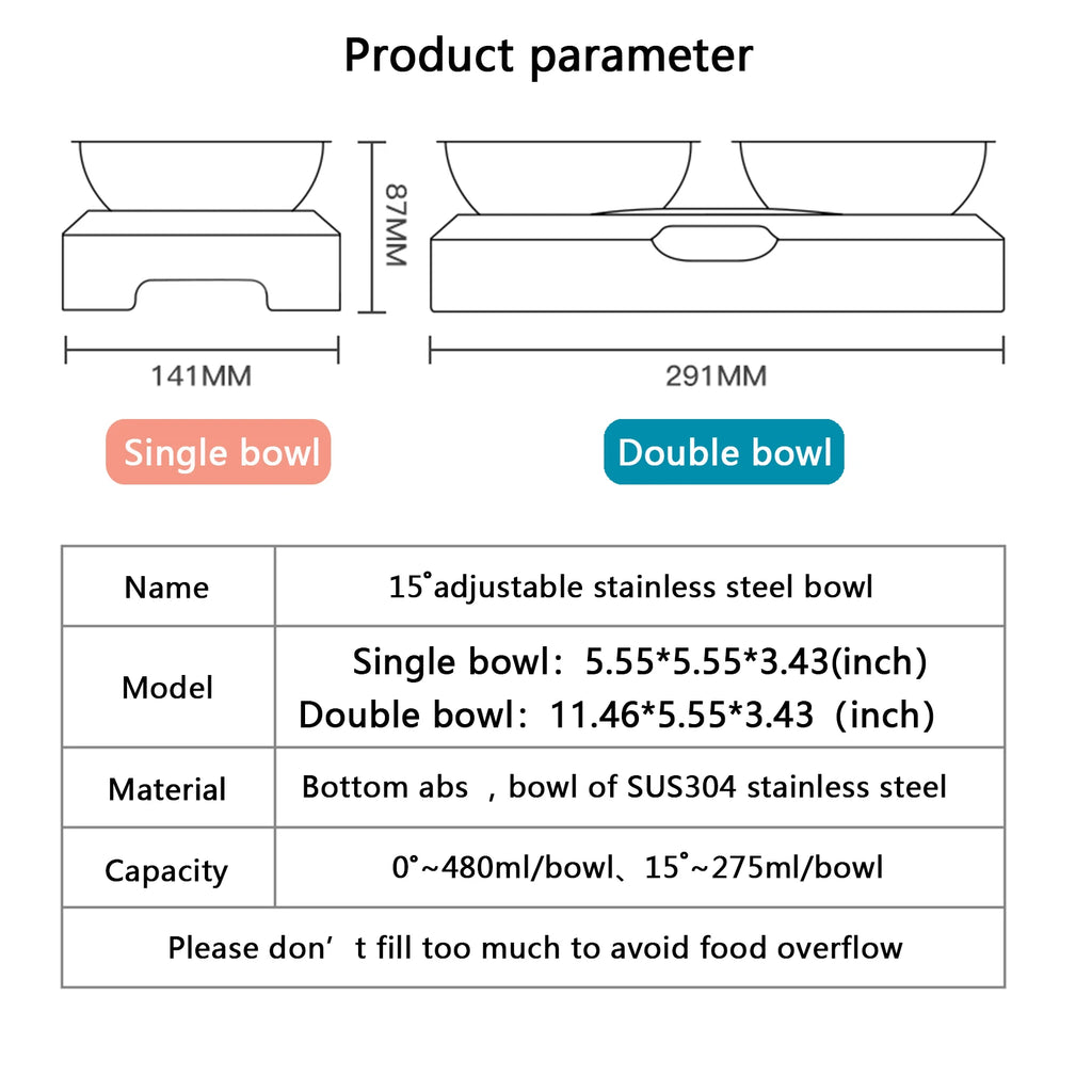 Cat Bowl | Lovely Creative Inclined Feeder | Kitten Puppy Food Bowl | Stainless Steel Pet Dish | 15° Tilt Neck Protector | Anti-Slip Dog Cat Feeder