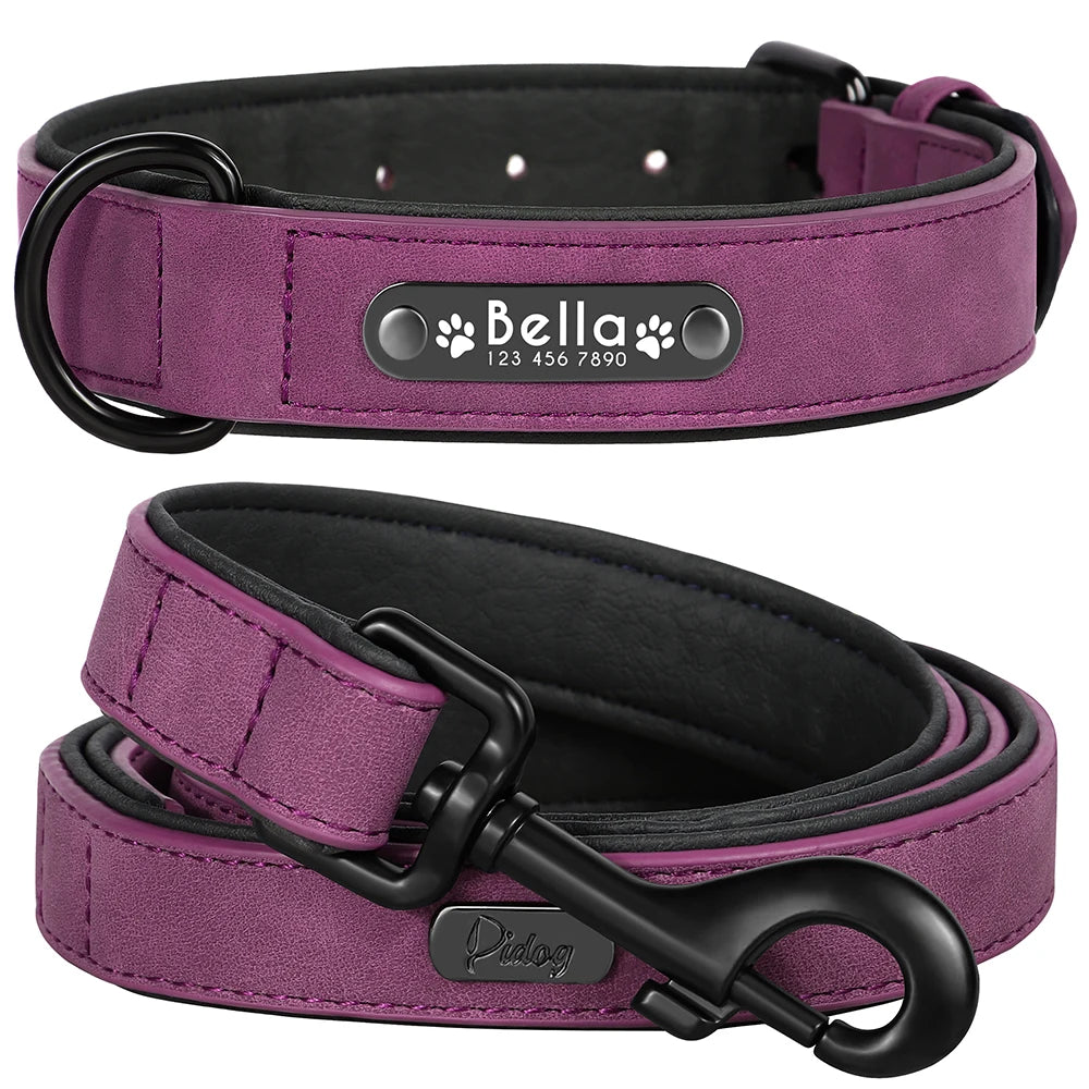 Custom Leather Dog Collar and Leash Set – Personalized, Durable, and Padded for Small to Large Dogs