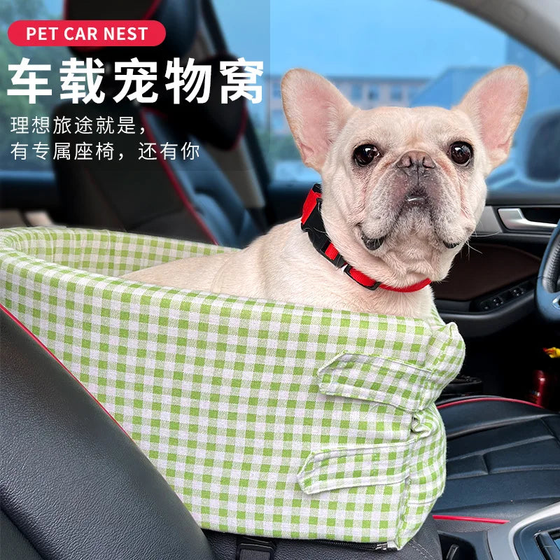 Central Console Dog Car Seat Bed – Portable Pet Carrier for Small Dogs & Cats, Travel Safety Seat