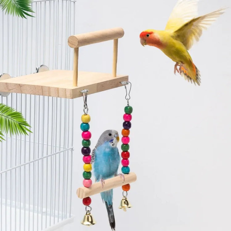 Bird Swing Toy | Wooden Parrot Perch Stand with Chewing Beads | Cage Playground for Budgie Birds