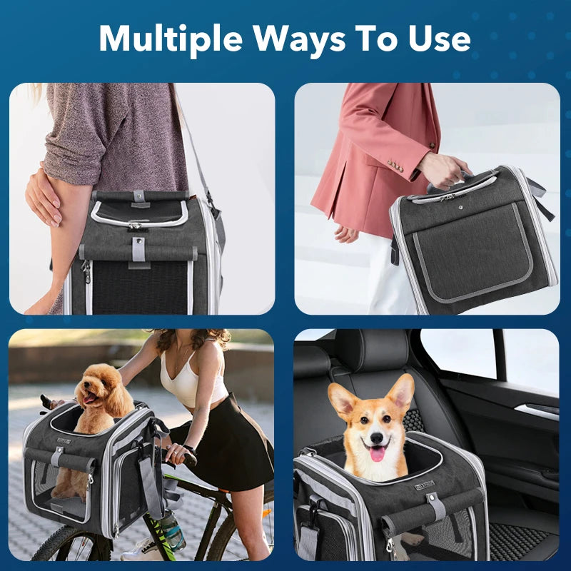 Multifunctional Soft-Sided Dog Bike Basket – Expandable Pet Carrier Backpack with 4 Open Doors