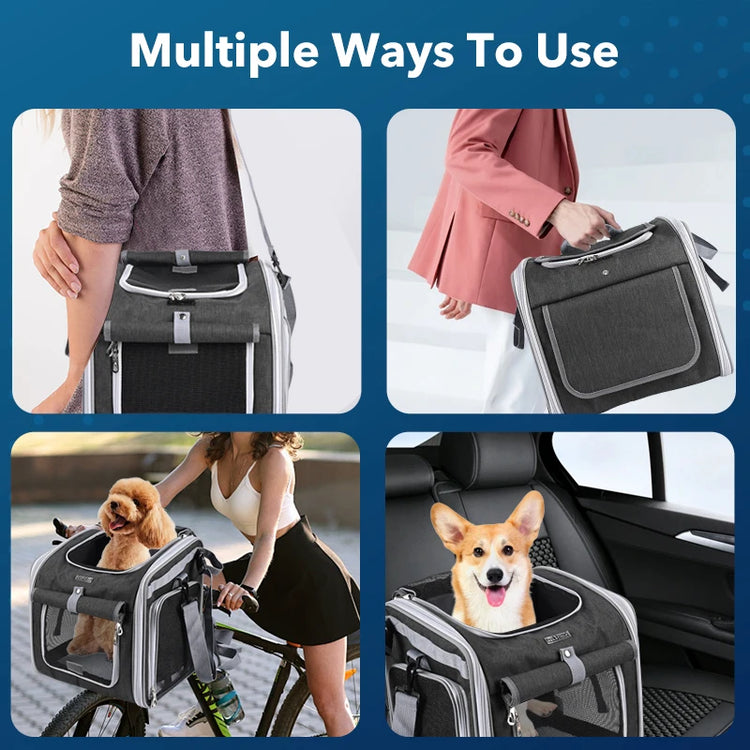 Multifunctional Soft-Sided Dog Bike Basket – Expandable Pet Carrier Backpack with 4 Open Doors